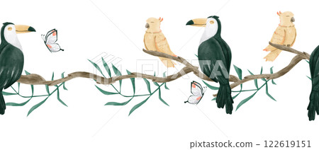 Seamless Watercolor Tropical Border with Exotic Birds: Toucan, Cockatoo, Butterflies, Tree Branches and Leaves, for Design Print, Web, Textile, Scotch and other Products 122619151