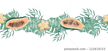 Seamless Watercolor Tropical Border with Exotic Fruits Carambola and Papaya, Green Foliage, Illustration for Design Print, Web, Textile, Scotch and other Products 122619153