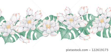Seamless Watercolor Tropical Border with Lots of Flowers and Buds Plants Water Lily and Green Foliage, Illustration for Design Print, Web, Textile, Tape and other Products 122619173