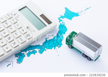 Map of the Japanese archipelago, logistics truck and calculator Map of the Japanese archipelago, logistics truck and calculator 122619230