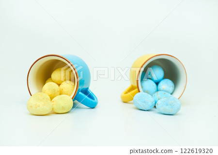 Tea time,coffee break. Blue yellow cups with balls 122619320