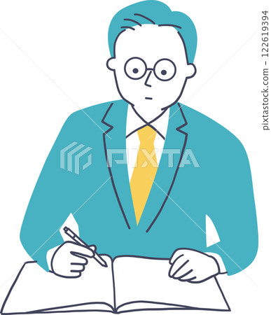 A man in a suit taking notes in a notebook A man in a suit taking notes in a notebook 122619394