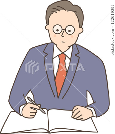 A man in a suit taking notes in a notebook A man in a suit taking notes in a notebook 122619395