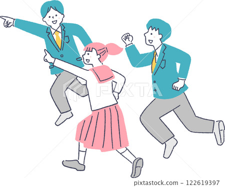 Men and women in school uniforms running energetically 122619397