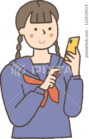 A woman in a school uniform operating a smartphone 122619414
