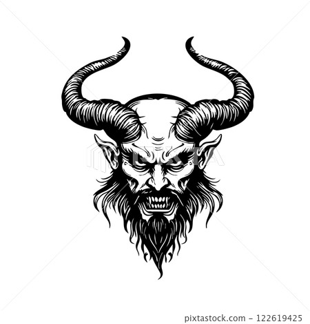 Menacing demon head vector illustration with curved horns, detailed beard, and fanged snarl in dramatic gothic style. 122619425