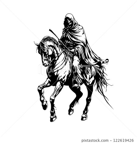 A dark, grim reaper hooded figure rides a powerful horse, draped in flowing cloaks. A gothic, fantasy-style black-and-white illustration exuding mystery and power. A dark, grim reaper hooded figure rides a powerful horse, draped in flowing cloaks. A gothic, fantasy-style black-and-white illustration exuding mystery and power. 122619426