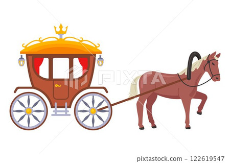 A four-wheeled carriage or coach with a horse. A carriage in the 18th century. 122619547