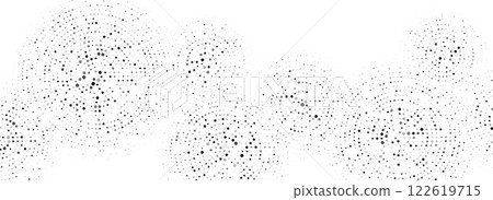 Black dotted concentric circle pattern. Radial halftone abstract drop wallpaper. Rippled sound wave ring background. Tech circular particle texture for banner, poster, presentation. Vector backdrop 122619715