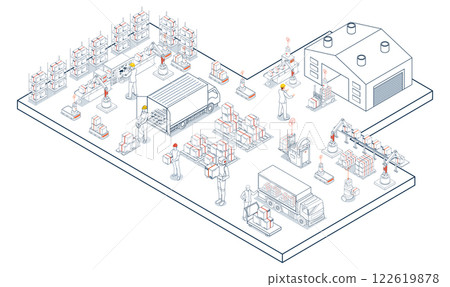 Warehouse logistics with workers loading products onto trucks, supported by AGVs, and AMRs for efficient transportation, encompassing export and import operations with pallets and cardboard boxes. 122619878