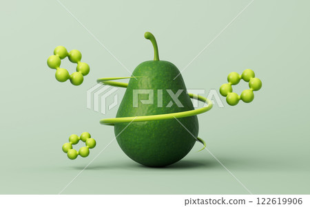 Fresh avocado fruit with molecular elements, 3d Fresh avocado fruit with molecular elements, 3d 122619906