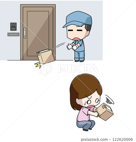 Illustration of a delivery man roughly handling a package and a surprised woman 122620006