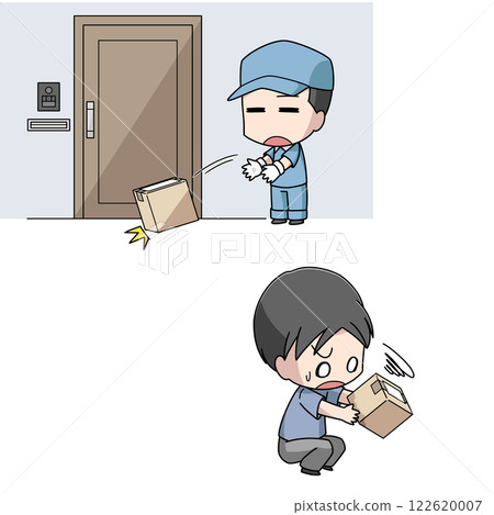 Illustration of a delivery man roughly handling a package and a surprised man 122620007