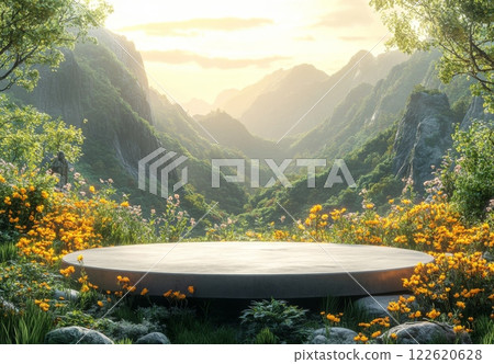 A minimalist product podium set in nature 122620628