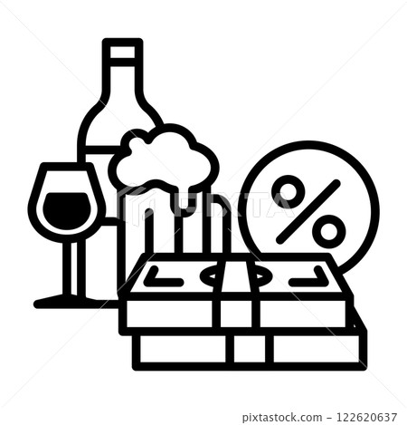 Liquor tax image icon. There are beer, wine, canned alcohol, percentages, and bills. 122620637