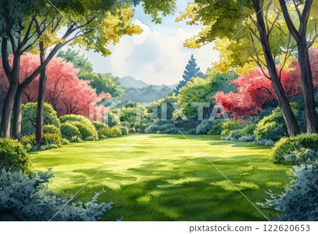 Watercolor illustration of a green landscape 122620653