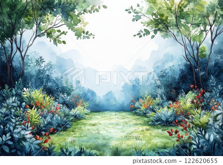Watercolor illustration of a green landscape 122620655