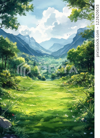Watercolor illustration of a green landscape 122620658