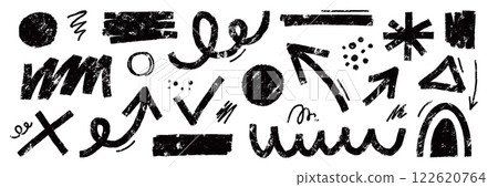 Brush line shape background abstract texture paint set. Hand drawn sketch doodle scribble brush geometric shape crayon effect background. Abstract arrow, circle, zigzag vector 122620764