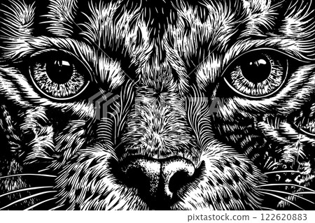 Cat's menacing serious face in black and white Cat's menacing serious face in black and white 122620883