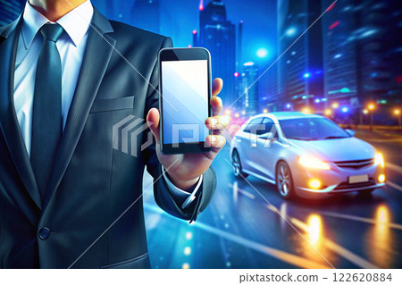 Businessman with mobile phone in hand on evening street with traffic 122620884