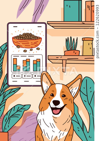 Corgi dog with food bowl and charts surrounded by plants and shelves in a cozy room setting. Bright colors and playful design 122620993