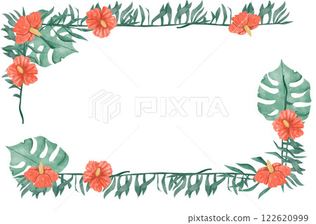 Watercolor Tropical Floral Frame with Red Hibiscus and Lush Exotic Foliage for Print, Textile and Web Design 122620999