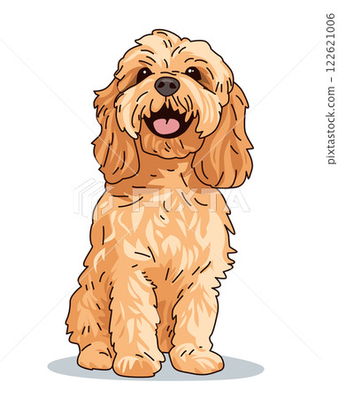 Cute dog illustration happy fluffy puppy sitting brown fur cheerful expression simple background cartoon style pet design Cute dog illustration happy fluffy puppy sitting brown fur cheerful expression simple background cartoon style pet design 122621006