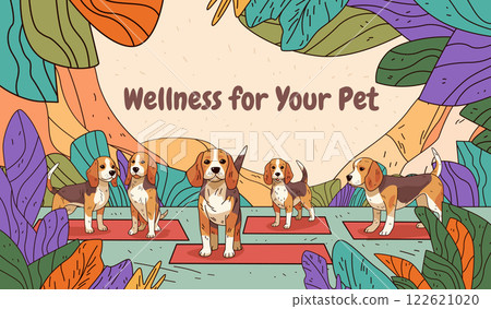 Beagle dogs wellness theme colorful nature background with dogs on mats surrounded by abstract leaves in vibrant colors ideal for pet care website banner 122621020