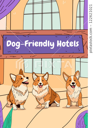 Corgis in dog-friendly hotel lobby with large windows and plants. Three happy dogs sitting indoors. Cartoon style. Landing page design 122621021