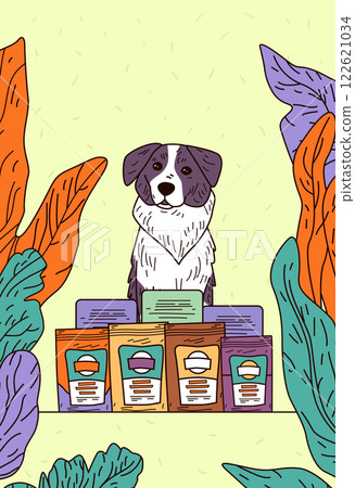 Dog with pet food packages surrounded by colorful leaves on a light background. Bright colors and playful design. Perfect for pet-related content 122621034