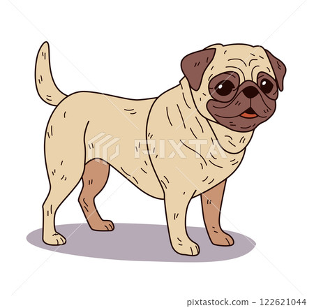 Cute pug dog standing cartoon style. Adorable pet with expressive eyes and wrinkled face on white background. Perfect for pet-themed designs and products 122621044