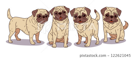 Pug dogs cartoon style cute animals. Four adorable pugs with expressive faces standing together on a white background. Perfect for pet-themed designs 122621045
