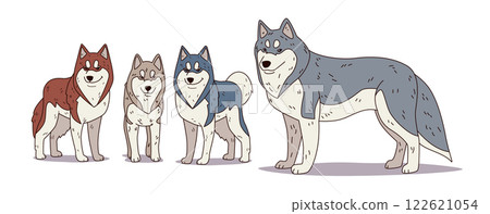 Husky dogs family colorful cartoon illustration. Four playful huskies in various shades stand on a white backdrop showcasing breed diversity and companionship Husky dogs family colorful cartoon illustration. Four playful huskies in various shades stand on a white backdrop showcasing breed diversity and companionship 122621054