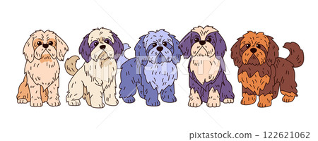 Cute cartoon dogs colorful playful design features five fluffy dogs in various colors standing side by side on a white background perfect for pet-themed projects 122621062