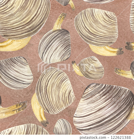 Clams in a shell watercolor seamless pattern on mocha background. High quality hand-drawn clip art for notebooks, cook book, recipe cards, menu, stickers, tourism, dishes, ads and packaging design Clams in a shell watercolor seamless pattern on mocha background. High quality hand-drawn clip art for notebooks, cook book, recipe cards, menu, stickers, tourism, dishes, ads and packaging design 122621388