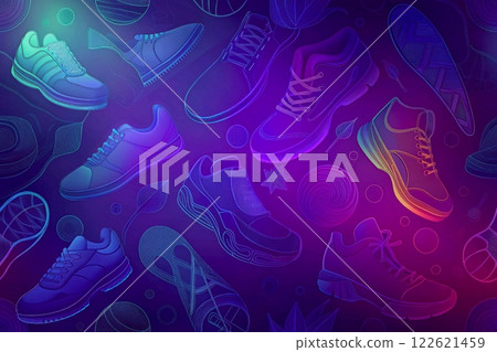 A lot sneakers, sports shoes in pink blue neon light 122621459