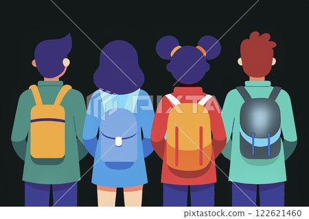 Four young tourists with backpacks survey the further night path 122621460