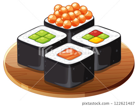 Colorful Sushi Rolls on Wooden Platter 122621487