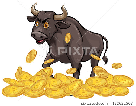 Bull with Bitcoin Coins Illustration Bull with Bitcoin Coins Illustration 122621508