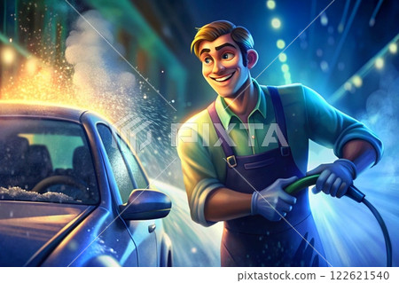 Cool guy in overalls with a hose washes a car 122621540