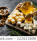 cheese cubes on wooden board, restaurant serving with honey and nuts 122621606