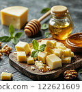 different types of cheese cubes on wooden board, restaurant serving with honey and nuts 122621609