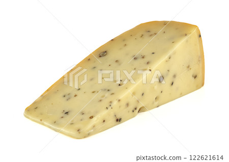 Triangular piece of cheese with herbs and pepper resting on white background Triangular piece of cheese with herbs and pepper resting on white background 122621614
