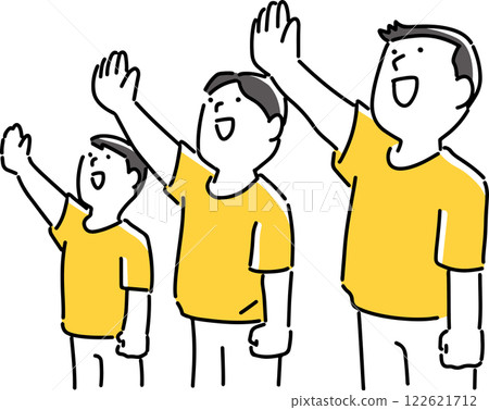 幾個男人舉起雙手微笑 122621712
