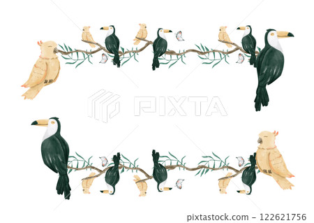 Watercolor Illustration Tropical Frame with Birds Toucan and Parrot, Branches and Foliage for Print, Textile and Web Design 122621756