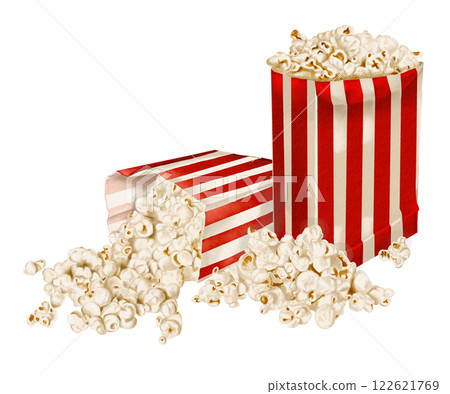 Popcorn in paper bags. The package with the snack is standing, the other one fell and lies nearby. The popcorn fell apart. Lots of crispy corn. Watercolor illustration isolated without background.  122621769