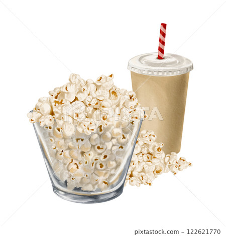 Popcorn in a large glass bowl. Lots of snacks. Popcorn spilled out of the bowl. Glass with a drink. Disposable tableware. plastic lid for a glass and a straw.Watercolor illustration without background 122621770