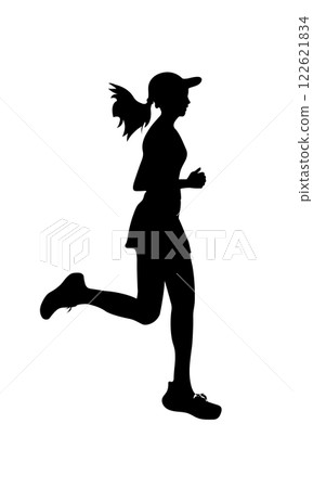 A silhouette of a woman running with determination, wearing a cap and athletic attire. The dynamic pose captures the energy and motion of a runner in mid-stride A silhouette of a woman running with determination, wearing a cap and athletic attire. The dynamic pose captures the energy and motion of a runner in mid-stride 122621834