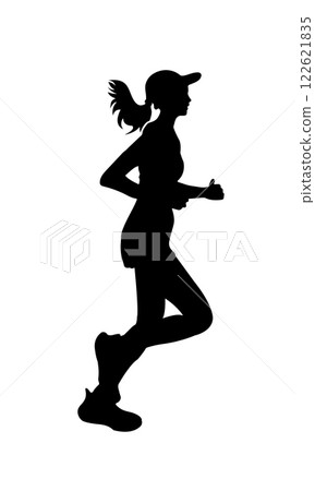 A silhouette of a woman running with determination, wearing a cap and athletic attire. The dynamic pose captures the energy and motion of a runner in mid-stride A silhouette of a woman running with determination, wearing a cap and athletic attire. The dynamic pose captures the energy and motion of a runner in mid-stride 122621835